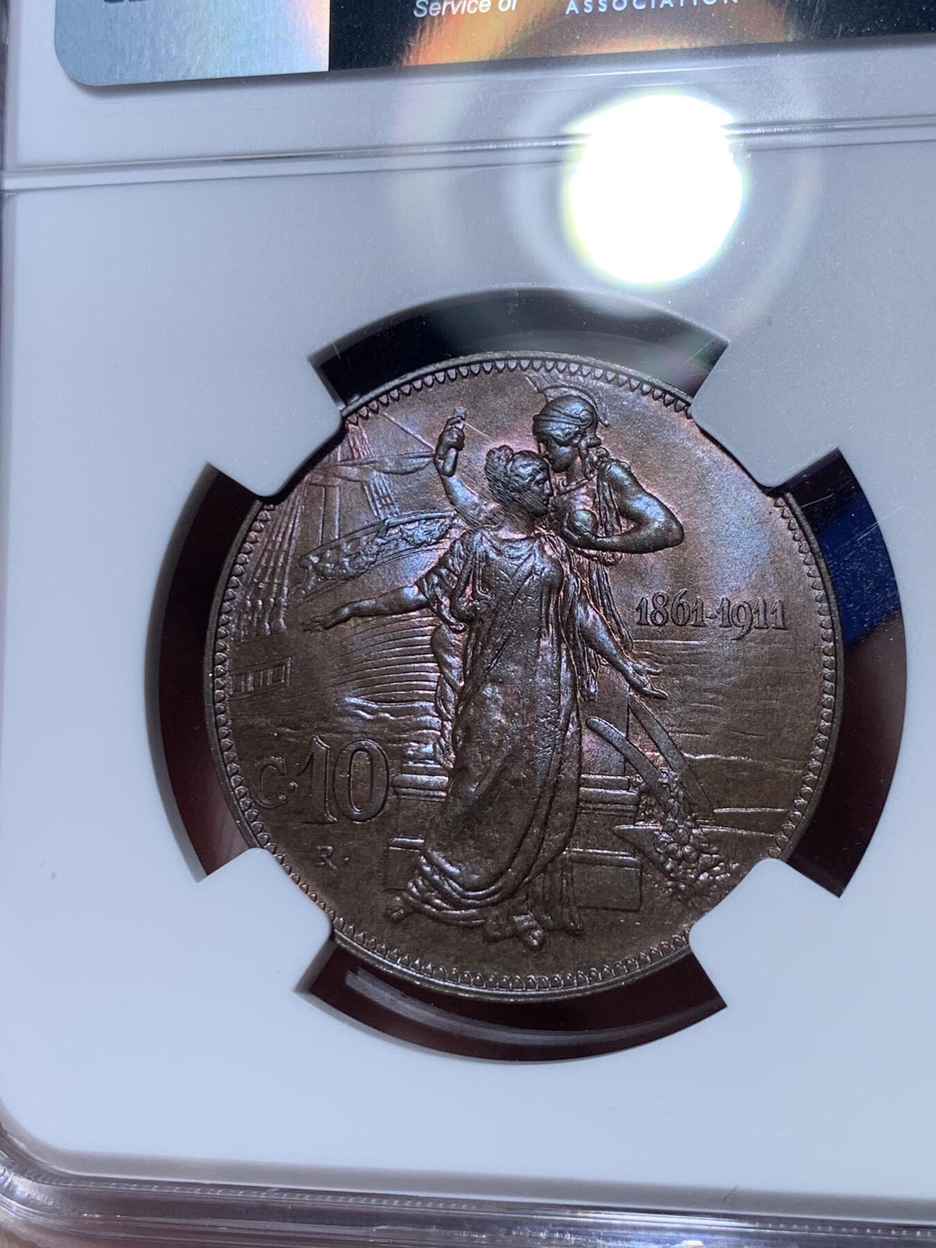 《竞宝斋》第289场- 周日，周一，周二 3场连拍 （全场包邮） NGC MS65BN 亚军分 意大利 1911 建国50周年铜币 高的仅3枚 少见高分托奶 艺术性极佳。