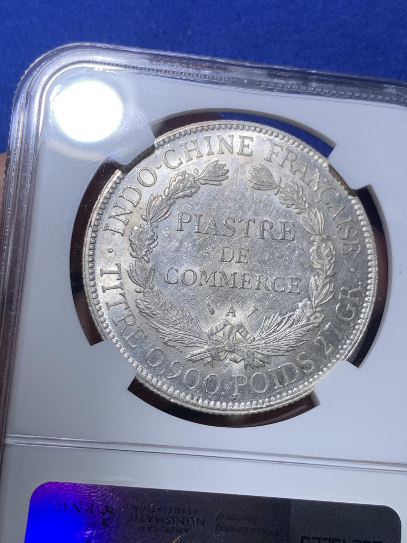 《竞宝斋》第289场- 周日，周一，周二 3场连拍 （全场包邮） NGC UNCD 法属印支1924年坐洋银币 年份不多见 细节不错