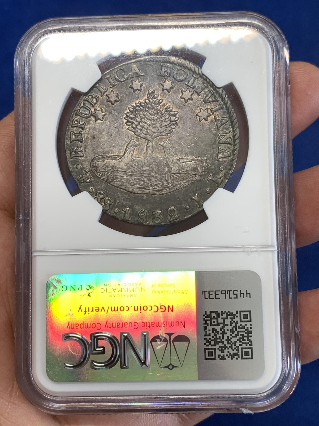 《竞宝斋》第289场- 周日，周一，周二 3场连拍 （全场包邮） NGC XF45 玻利维亚早期1832年8索尔银币