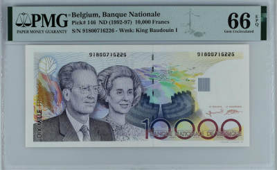 【Blue Auction】✨世界纸币精拍第509期【精】 - 比利时 1992-97年10000法郎 PMG66EPQ  比利时国王博杜安一世与王后法比奥拉