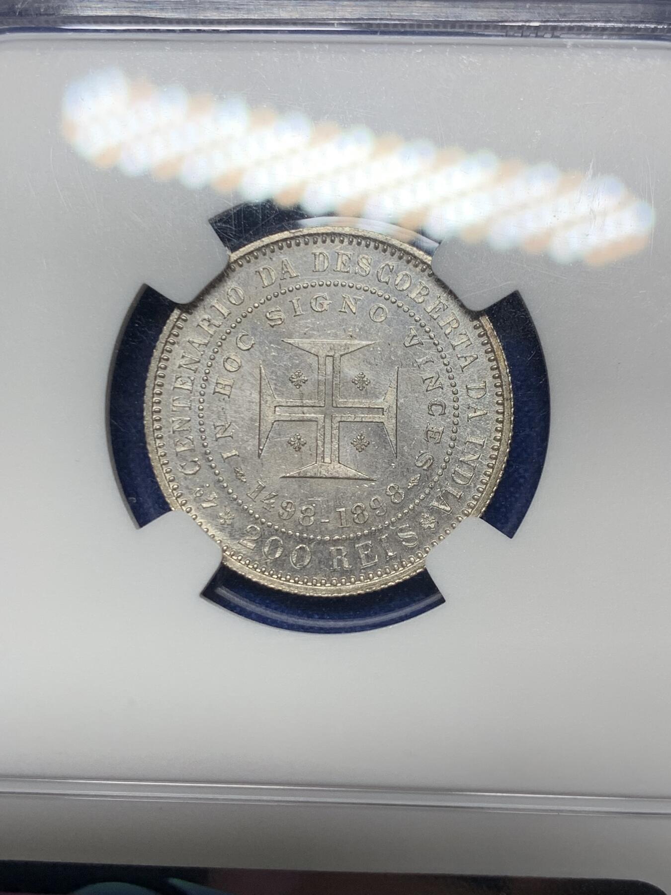 《竞宝斋》第289场- 周日，周一，周二 3场连拍 （全场包邮） NGC MS63 葡萄牙1898年发现印度200R银币