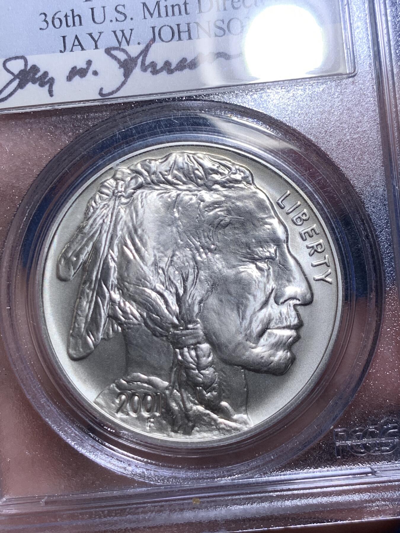 《竞宝斋》第289场- 周日，周一，周二 3场连拍 （全场包邮） PCGS MS69 美国2001D公牛普制银币 第36任铸币主管JAY W Johson签字版 1oz 纯度99.9%
