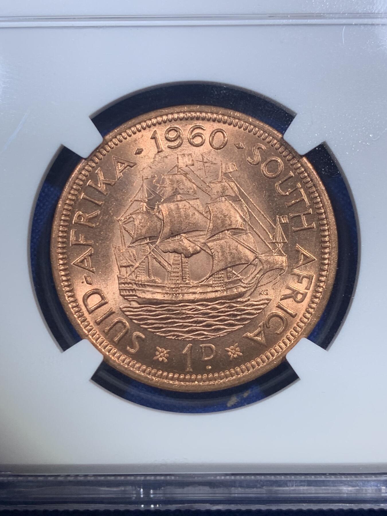 《竞宝斋》第289场- 周日，周一，周二 3场连拍 （全场包邮） NGC MS65RB 英属南非1960年女王1便士 高分车轮光状态 状态难得 喜欢的不要错过了