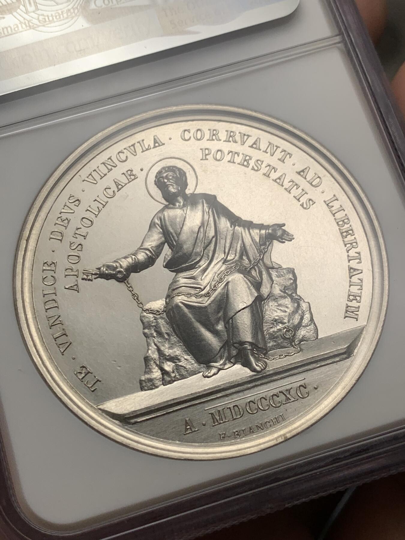 《竞宝斋》第289场- 周日，周一，周二 3场连拍 （全场包邮） NGC UNC 教皇国 1890 利奥十三世  权利限制 银质纪念章 大规格 加厚盒装 PL底板 可收藏