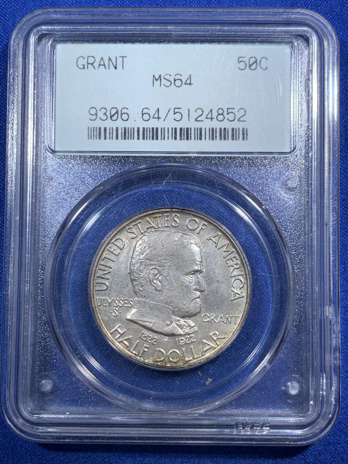 《竞宝斋》第289场- 周日，周一，周二 3场连拍 （全场包邮） PCGS MS64 美国 1922年 格兰特将军 半美元 PC经典老绿盒 状态很好