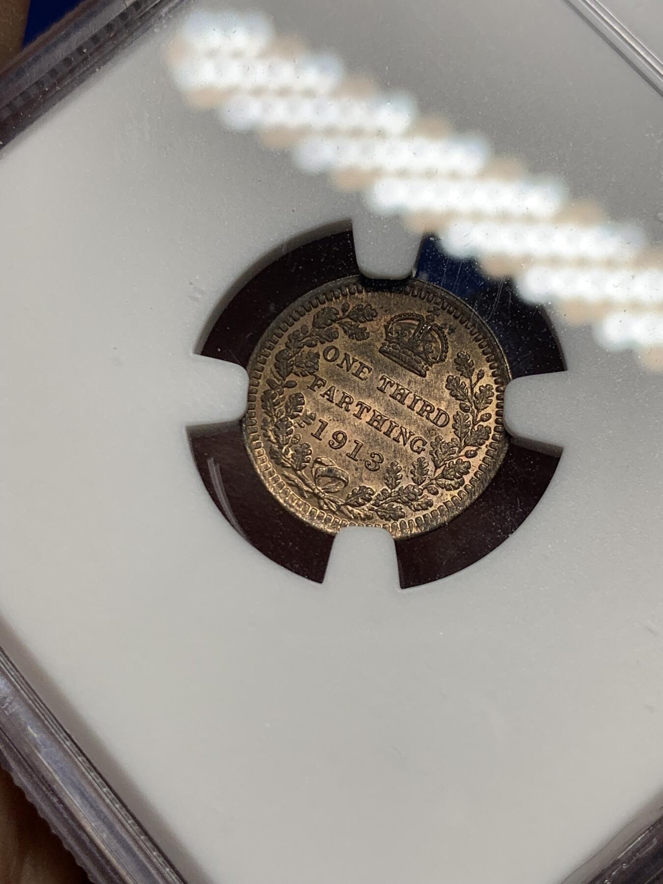 《竞宝斋》第289场- 周日，周一，周二 3场连拍 （全场包邮） NGC MS63RB 英国1913年乔治五世1/3法新 底板光度很好 未被包浆遮盖