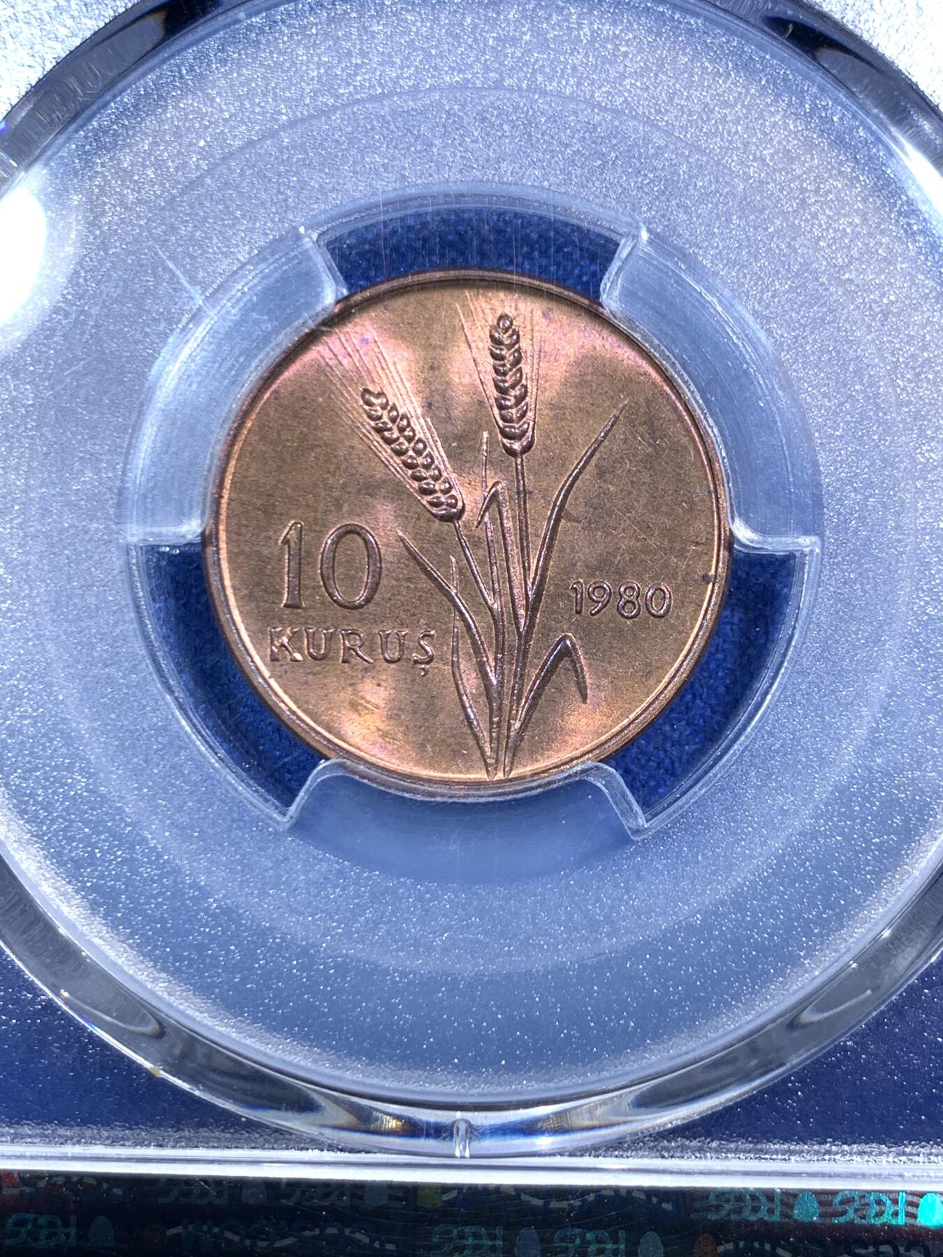 《竞宝斋》第289场- 周日，周一，周二 3场连拍 （全场包邮） PCGS MS64RB 土耳其1980年10库鲁FAO纪念币 安纳托利新娘 紫彩非常漂亮 发行量13000枚 非常少见