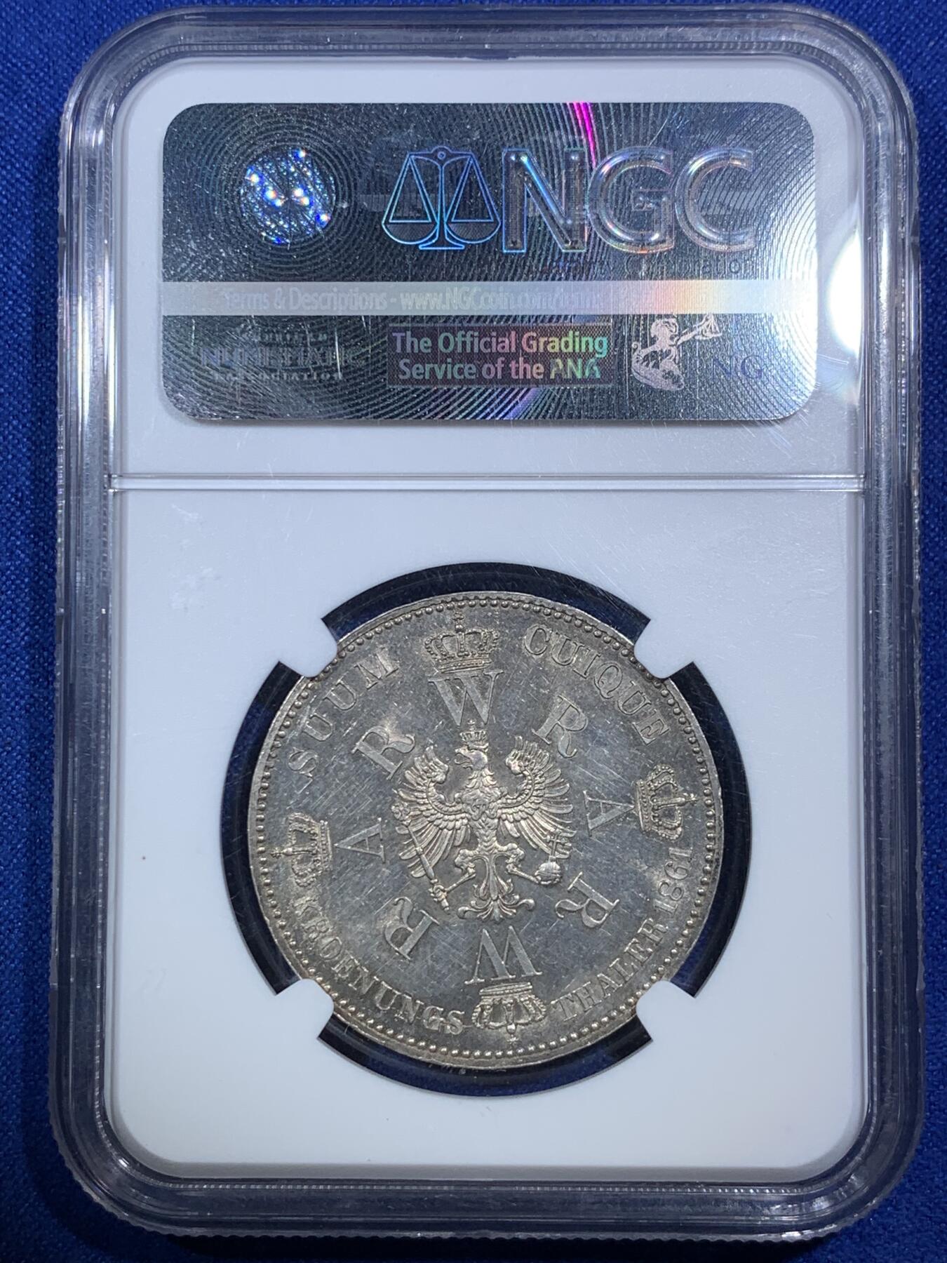 《竞宝斋》第289场- 周日，周一，周二 3场连拍 （全场包邮） NGC MS62 德国1861普鲁士威廉一世登基1泰勒 银币