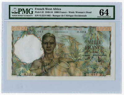 【Blue Auction】✨世界纸币精拍第509期【精】 - 【无47 冠军分少见】法属西非 1948-54年1000法郎 大票幅 PMG64 老壳子 抱瓶女 凑套必备