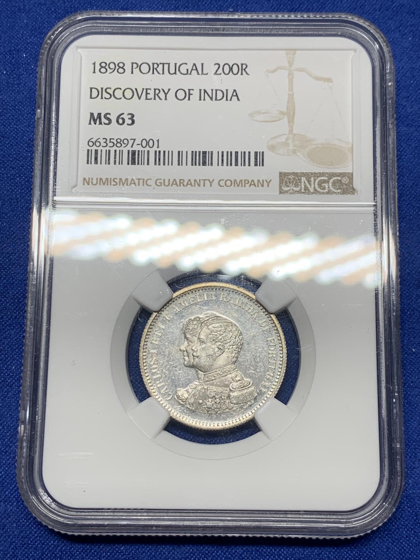 《竞宝斋》第289场- 周日，周一，周二 3场连拍 （全场包邮） NGC MS63 葡萄牙1898年发现印度200R银币