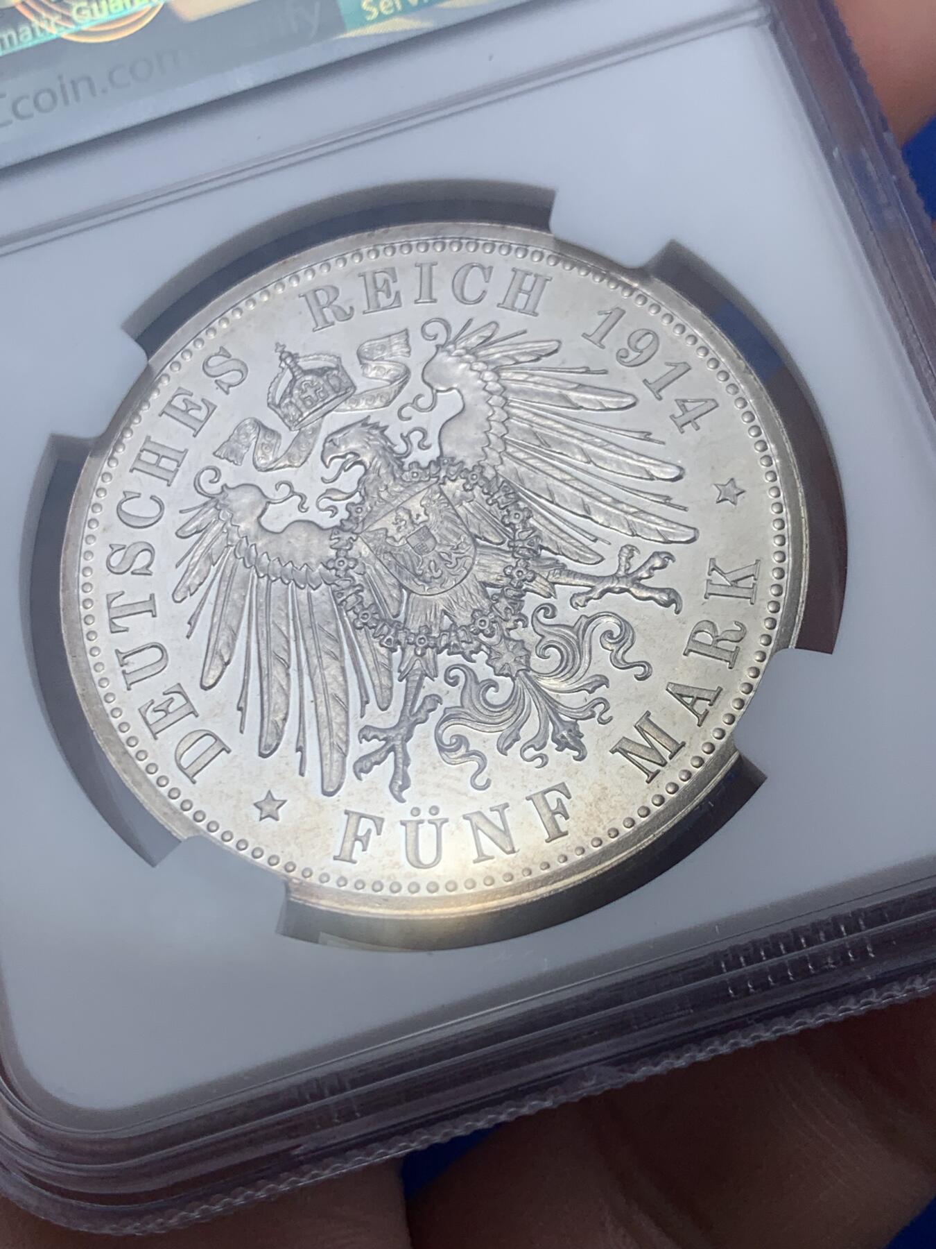 《竞宝斋》第289场- 周日，周一，周二 3场连拍 （全场包邮） PCGS PF61 CAMEO 德国1914年 安哈特德绍，结婚纪念5马克精制大银币 好状态 感觉低评了