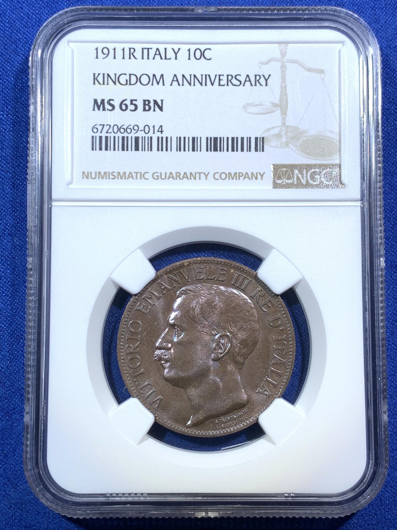 《竞宝斋》第289场- 周日，周一，周二 3场连拍 （全场包邮） NGC MS65BN 亚军分 意大利 1911 建国50周年铜币 高的仅3枚 少见高分托奶 艺术性极佳。