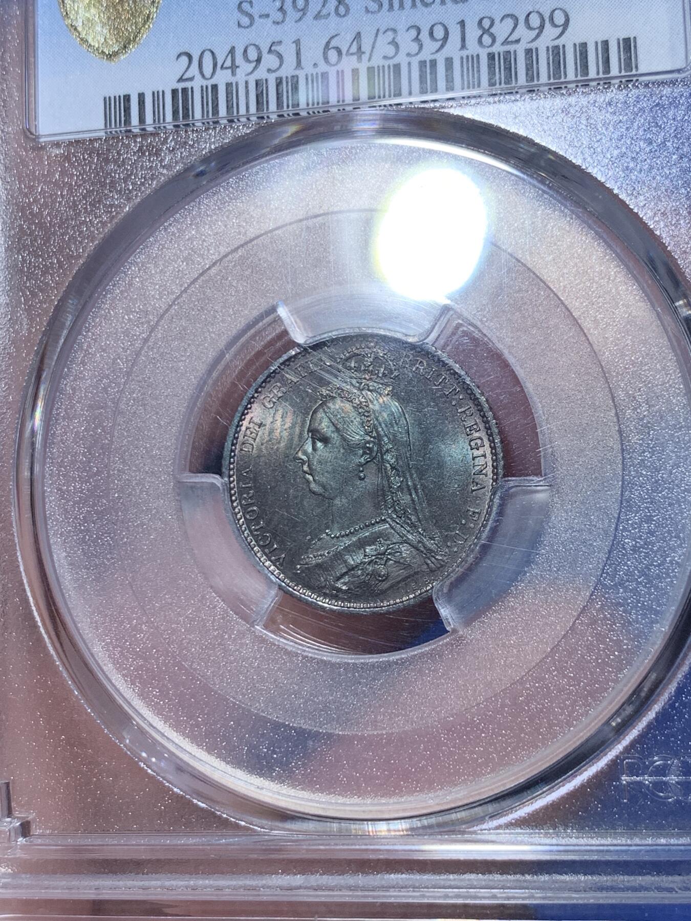 《竞宝斋》第289场- 周日，周一，周二 3场连拍 （全场包邮） PCGS MS64 英国1887年维多利亚6便士银币 黑浆盾徽