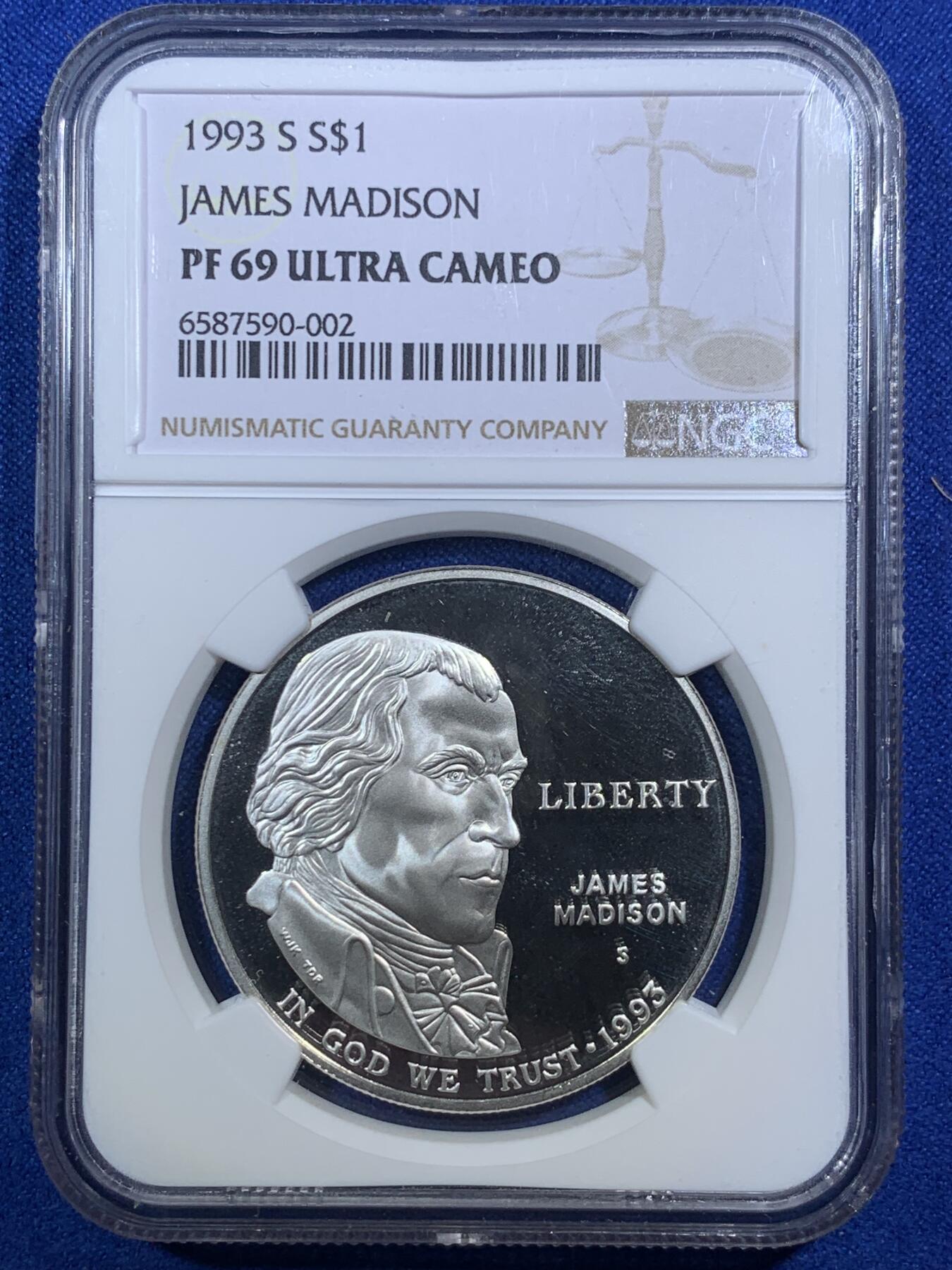 《竞宝斋》第289场- 周日，周一，周二 3场连拍 （全场包邮） NGC PF69UC 美国1993年S版麦迪逊1美元大银币