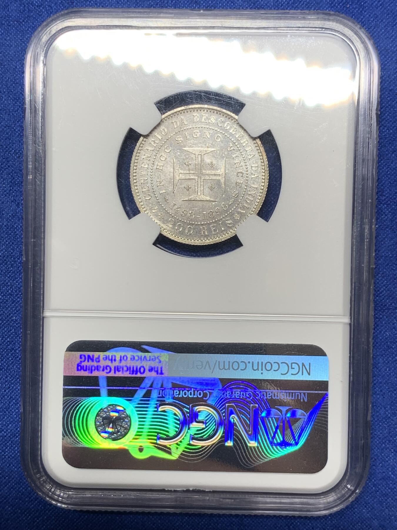 《竞宝斋》第289场- 周日，周一，周二 3场连拍 （全场包邮） NGC MS63 葡萄牙1898年发现印度200R银币