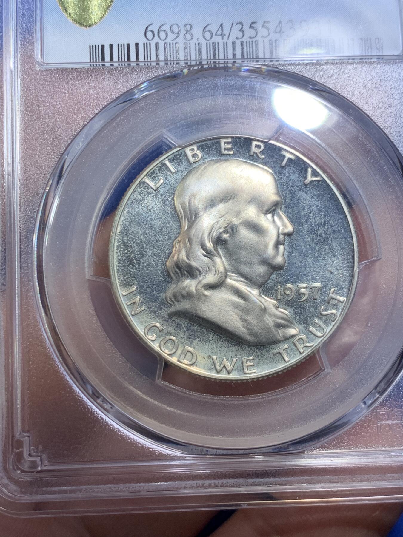 《竞宝斋》第289场- 周日，周一，周二 3场连拍 （全场包邮） PCGS PR64 美国1957年富兰克林50美分精制银币