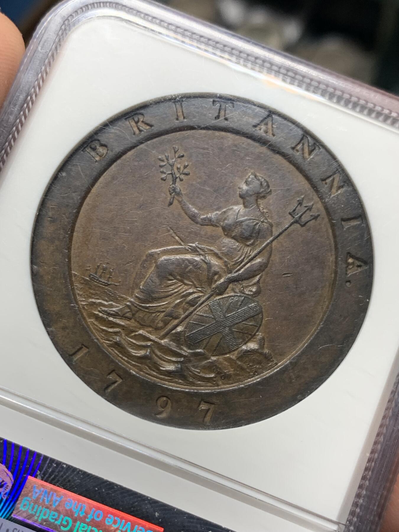 《竞宝斋》第289场- 周日，周一，周二 3场连拍 （全场包邮） NGC AU55BN 英国1797车轮2便士大铜币巧克力包浆难得 著名SOHO厂出品 英国第一枚蒸汽动力机制币