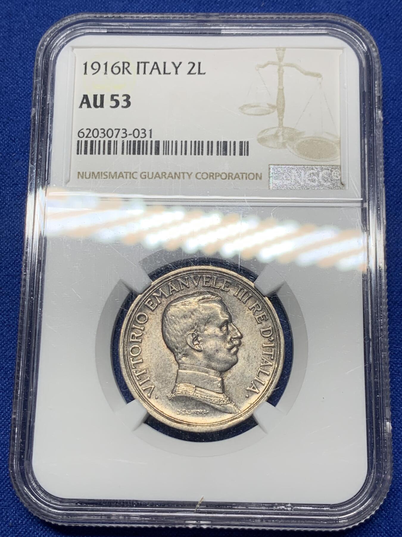 《竞宝斋》第289场- 周日，周一，周二 3场连拍 （全场包邮） NGC AU53 意大利1916年2里拉银币 马车 女神 造币艺术的经典品种