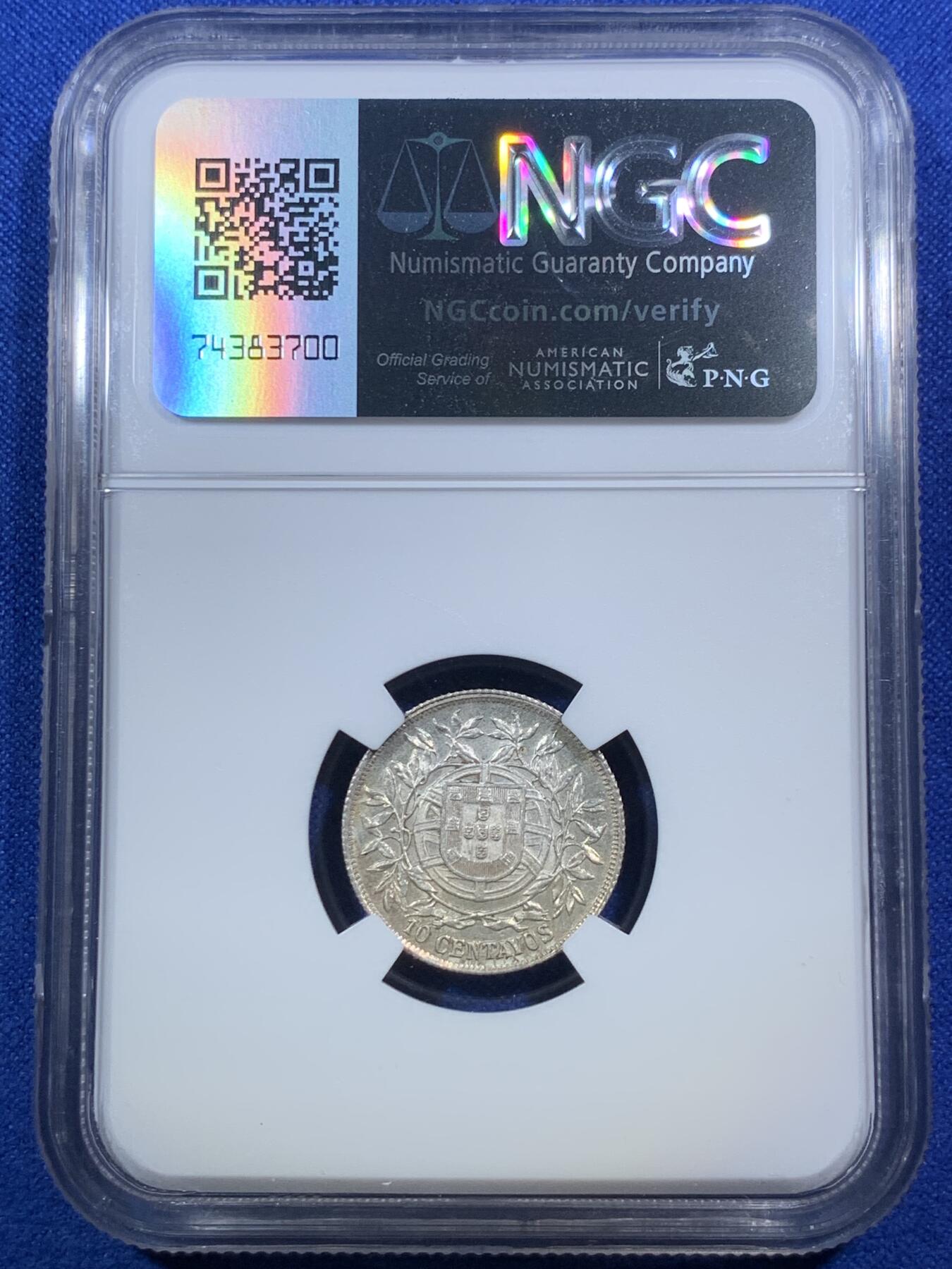 《竞宝斋》第289场- 周日，周一，周二 3场连拍 （全场包邮） NGC MS64 葡萄牙1915年谷物女神10分银币 单年版 凑套必备 小辅币高分不易