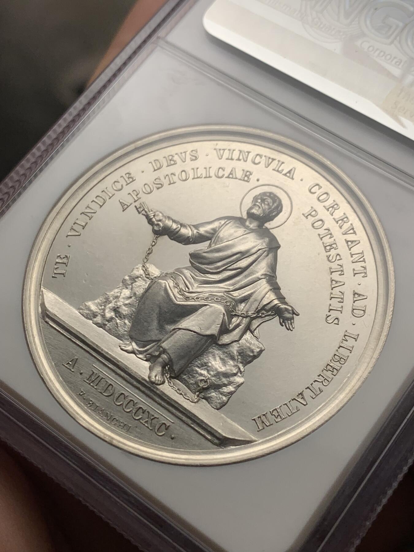 《竞宝斋》第289场- 周日，周一，周二 3场连拍 （全场包邮） NGC UNC 教皇国 1890 利奥十三世  权利限制 银质纪念章 大规格 加厚盒装 PL底板 可收藏