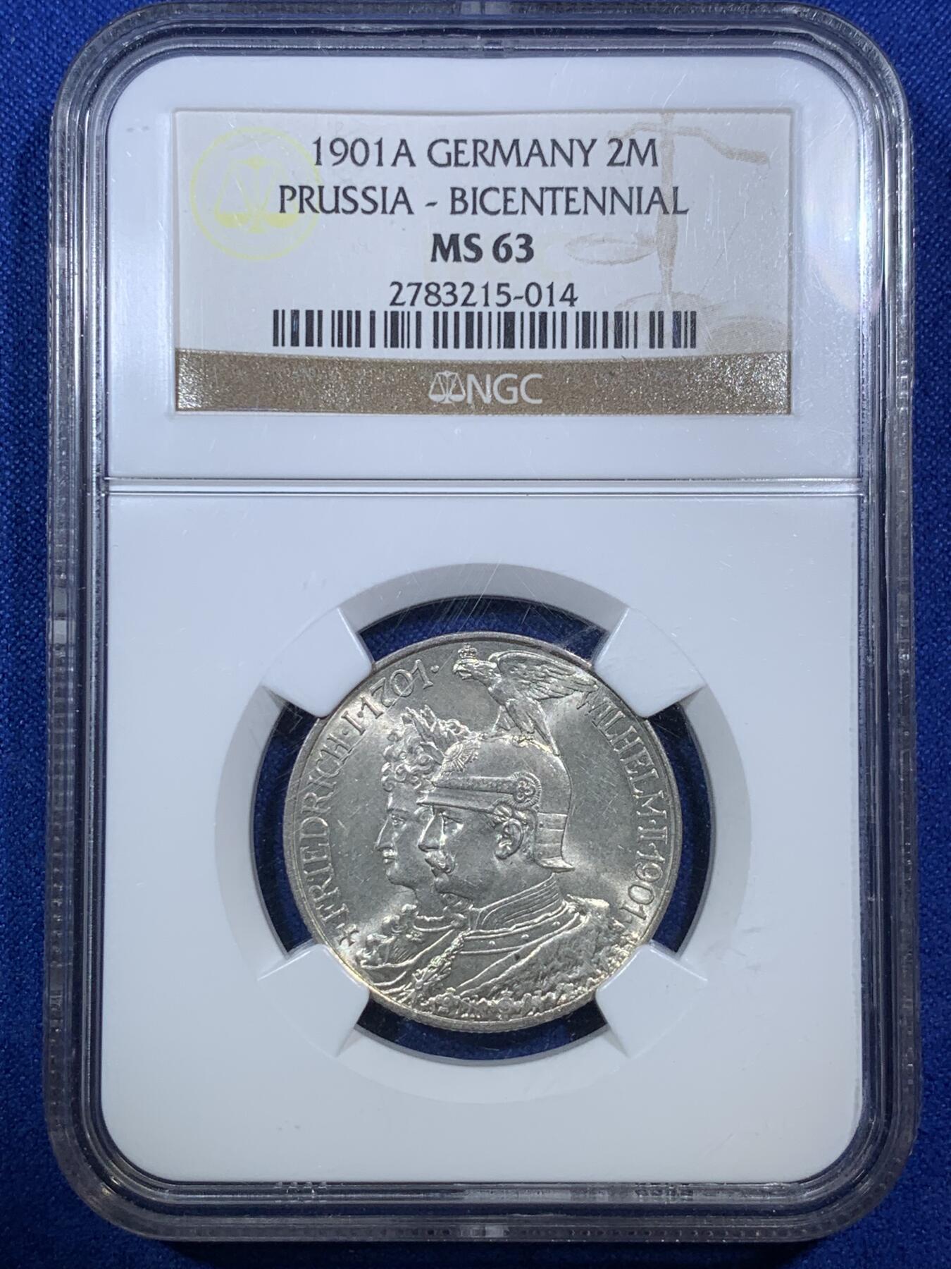《竞宝斋》第289场- 周日，周一，周二 3场连拍 （全场包邮） NGC MS63 德国1901普鲁士建国200周年2马克银币