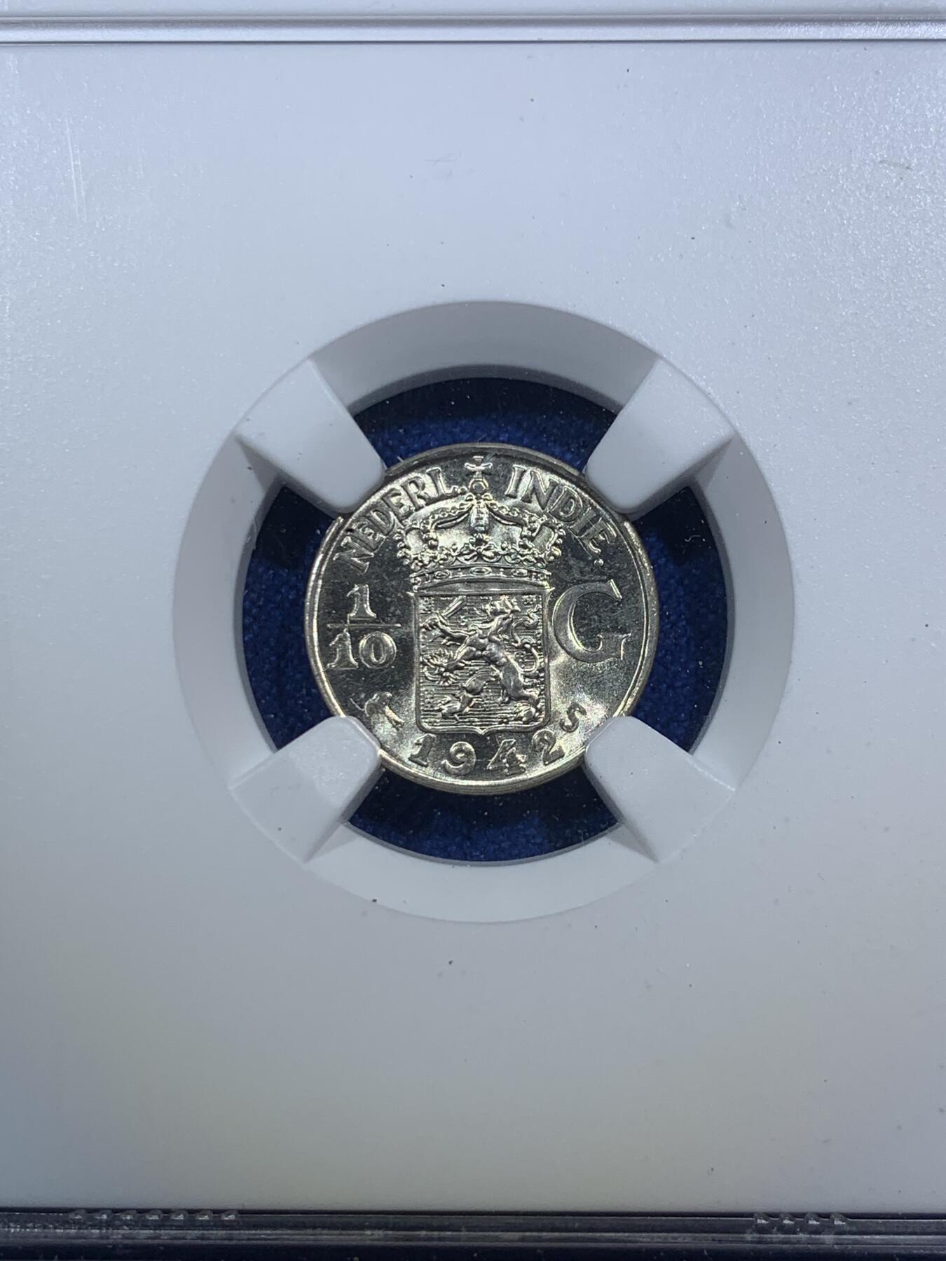 《竞宝斋》第289场- 周日，周一，周二 3场连拍 （全场包邮） NGC MS66 1942 荷属东印度（今印尼）1/10盾银币 卷拆BU品