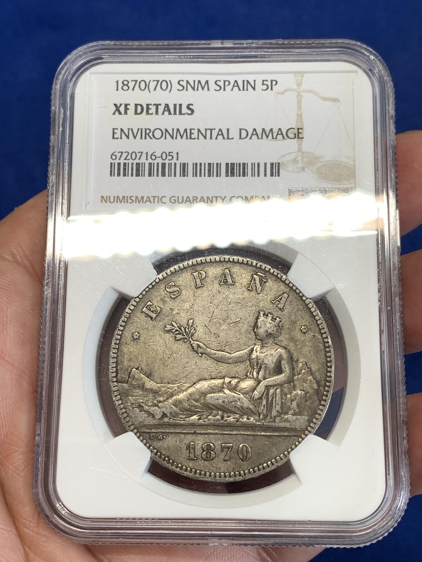 《竞宝斋》第289场- 周日，周一，周二 3场连拍 （全场包邮） NGC XFD 西班牙1870年坐人拿花5比塞塔双柱银币