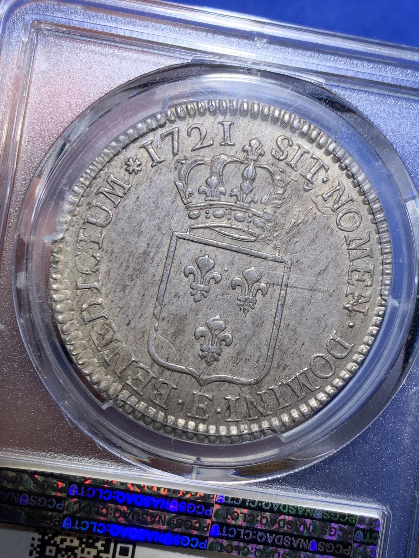 《竞宝斋》第289场- 周日，周一，周二 3场连拍 （全场包邮） PCGS AU58 法国 1721年-E图尔厂路易十五少年版埃居P唯一冠军分 N唯一亚军分 仅一枚更高