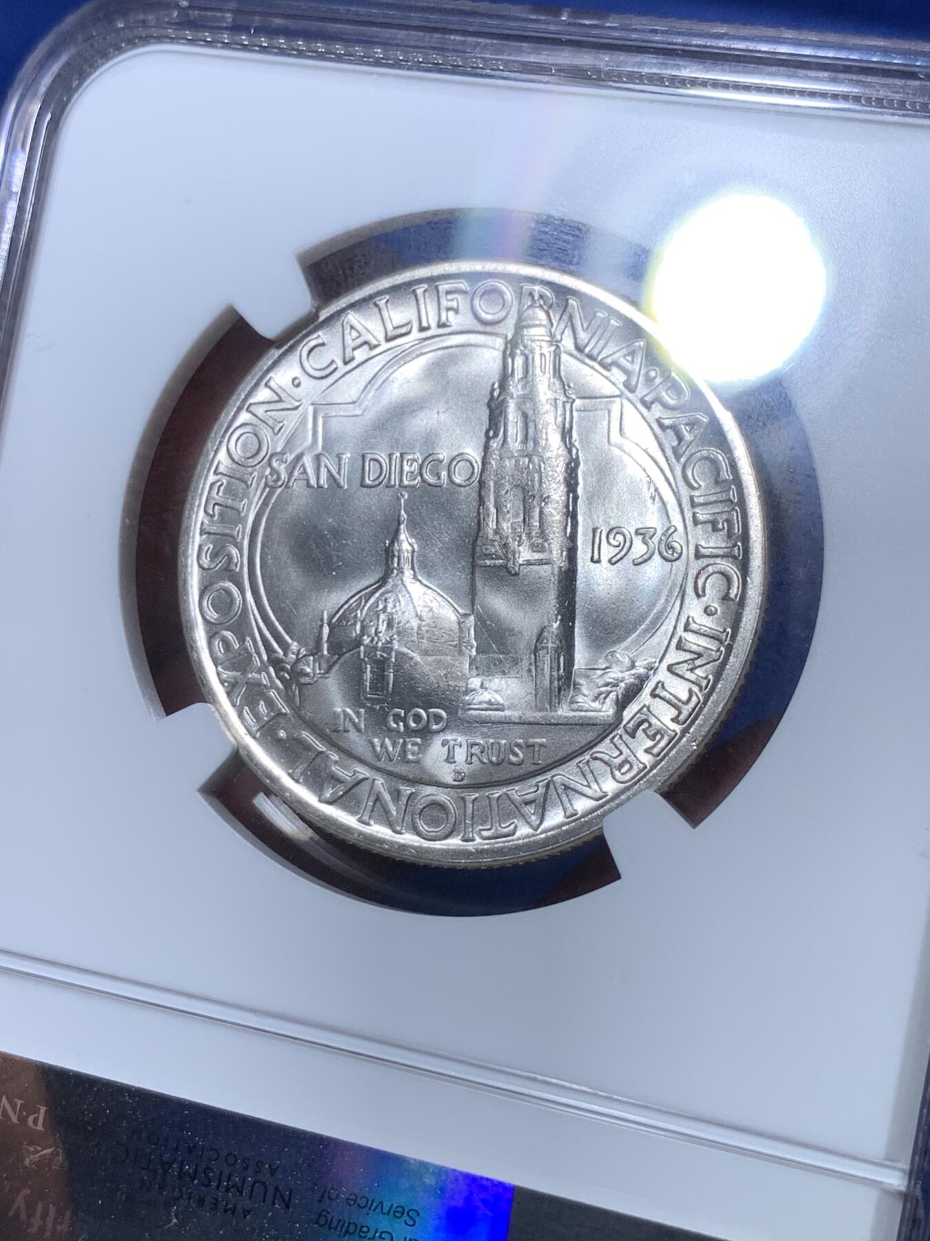 《竞宝斋》第289场- 周日，周一，周二 3场连拍 （全场包邮） NGC MS65 美国1936年圣地亚哥50c银币 少见品种