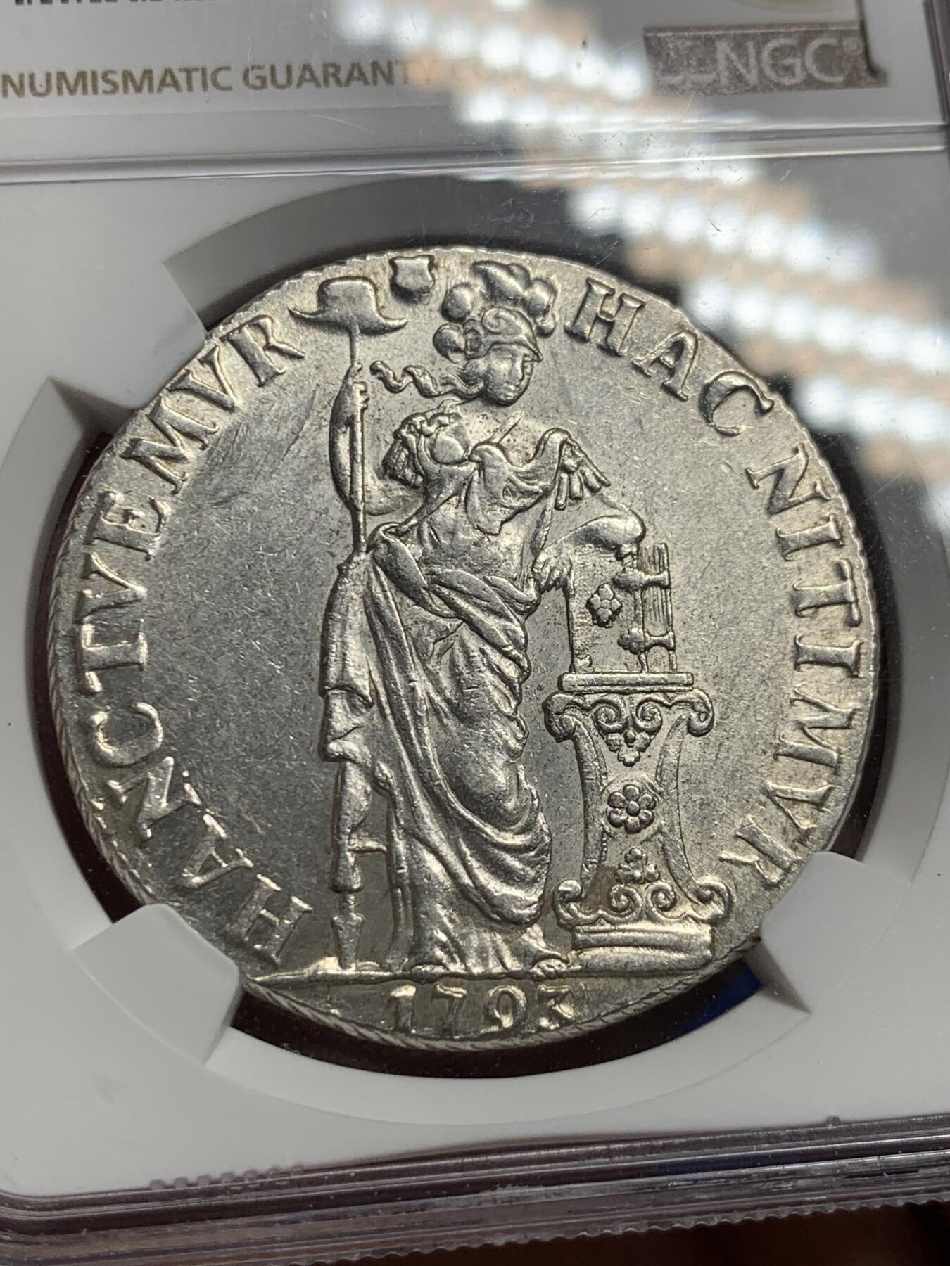 《竞宝斋》第289场- 周日，周一，周二 3场连拍 （全场包邮） NGC UNCD 荷兰1793年乌得勒支站人三盾大银 人像打制精良 开脸清晰甜美  转光犀利 银光闪闪 少量摩擦痕迹 应属MS品级