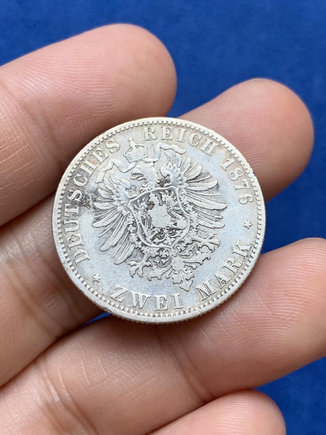 《竞宝斋》第289场- 周日，周一，周二 3场连拍 （全场包邮） 德国 1876年 普鲁士 威廉一世 短翅 2马克 银币 XF-VF品相