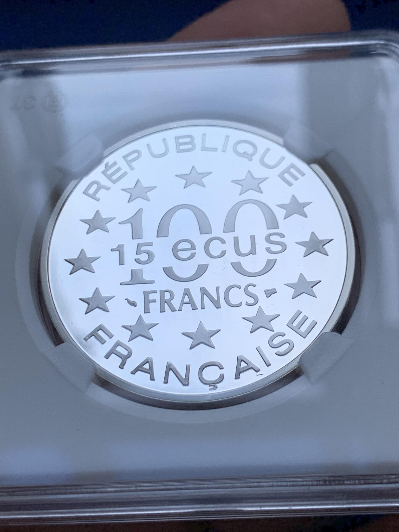 《竞宝斋》第289场- 周日，周一，周二 3场连拍 （全场包邮） 7枚一组 法国欧洲知名景点100法郎精制币 1993年巴黎凯旋门+1994年伦敦大本钟+1994年芬兰赫尔辛基圣尼古拉大教堂+1994年威尼斯圣马可宫+1995年安达卢西亚阿尔罕布拉宫+1996年雅典帕特农神庙+1997年丹麦哥本哈根美人鱼 22.2g 900银 37mm