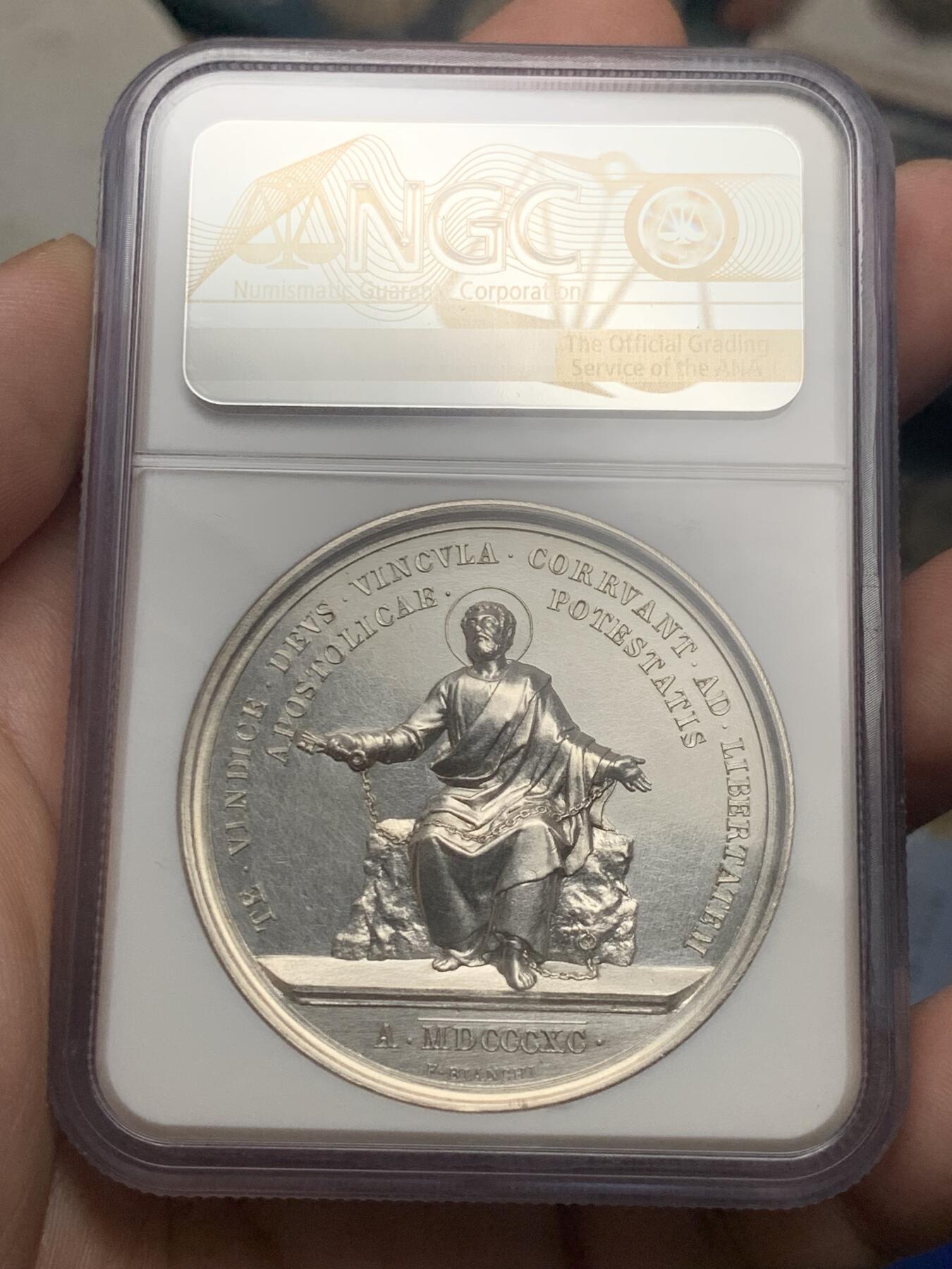 《竞宝斋》第289场- 周日，周一，周二 3场连拍 （全场包邮） NGC UNC 教皇国 1890 利奥十三世  权利限制 银质纪念章 大规格 加厚盒装 PL底板 可收藏