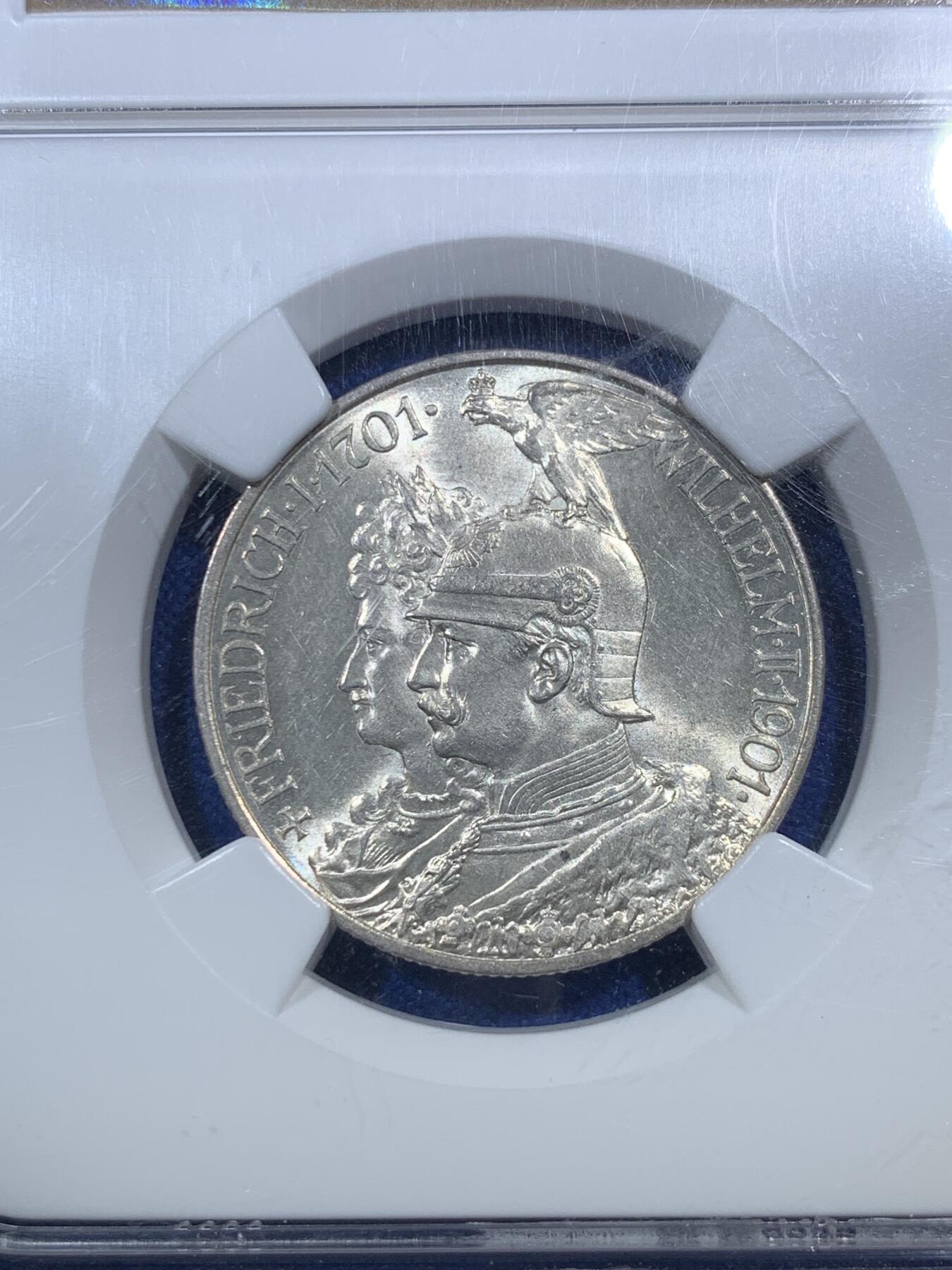 《竞宝斋》第289场- 周日，周一，周二 3场连拍 （全场包邮） NGC MS63 德国1901普鲁士建国200周年2马克银币