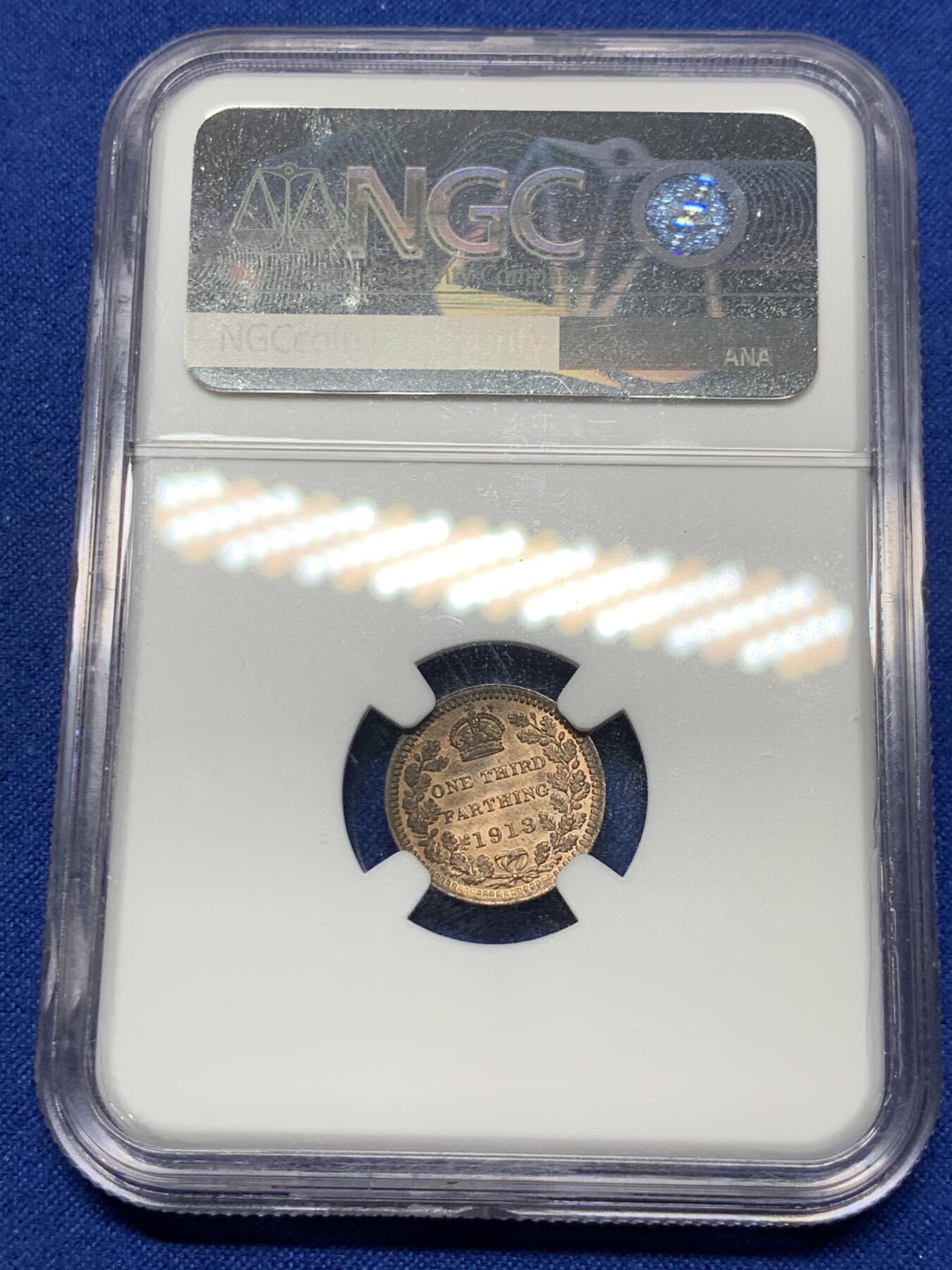 《竞宝斋》第289场- 周日，周一，周二 3场连拍 （全场包邮） NGC MS63RB 英国1913年乔治五世1/3法新 底板光度很好 未被包浆遮盖