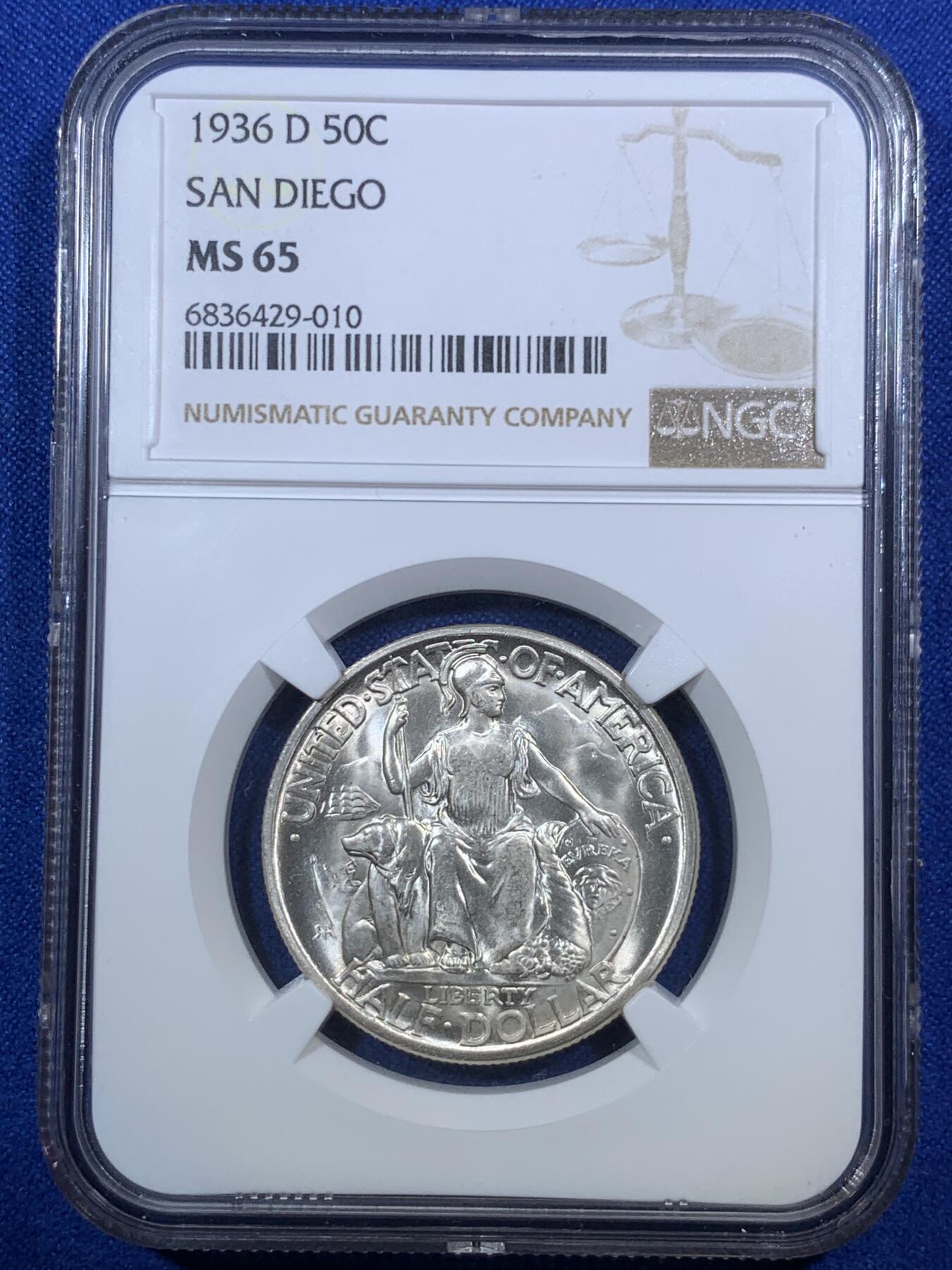 《竞宝斋》第289场- 周日，周一，周二 3场连拍 （全场包邮） NGC MS65 美国1936年圣地亚哥50c银币 少见品种