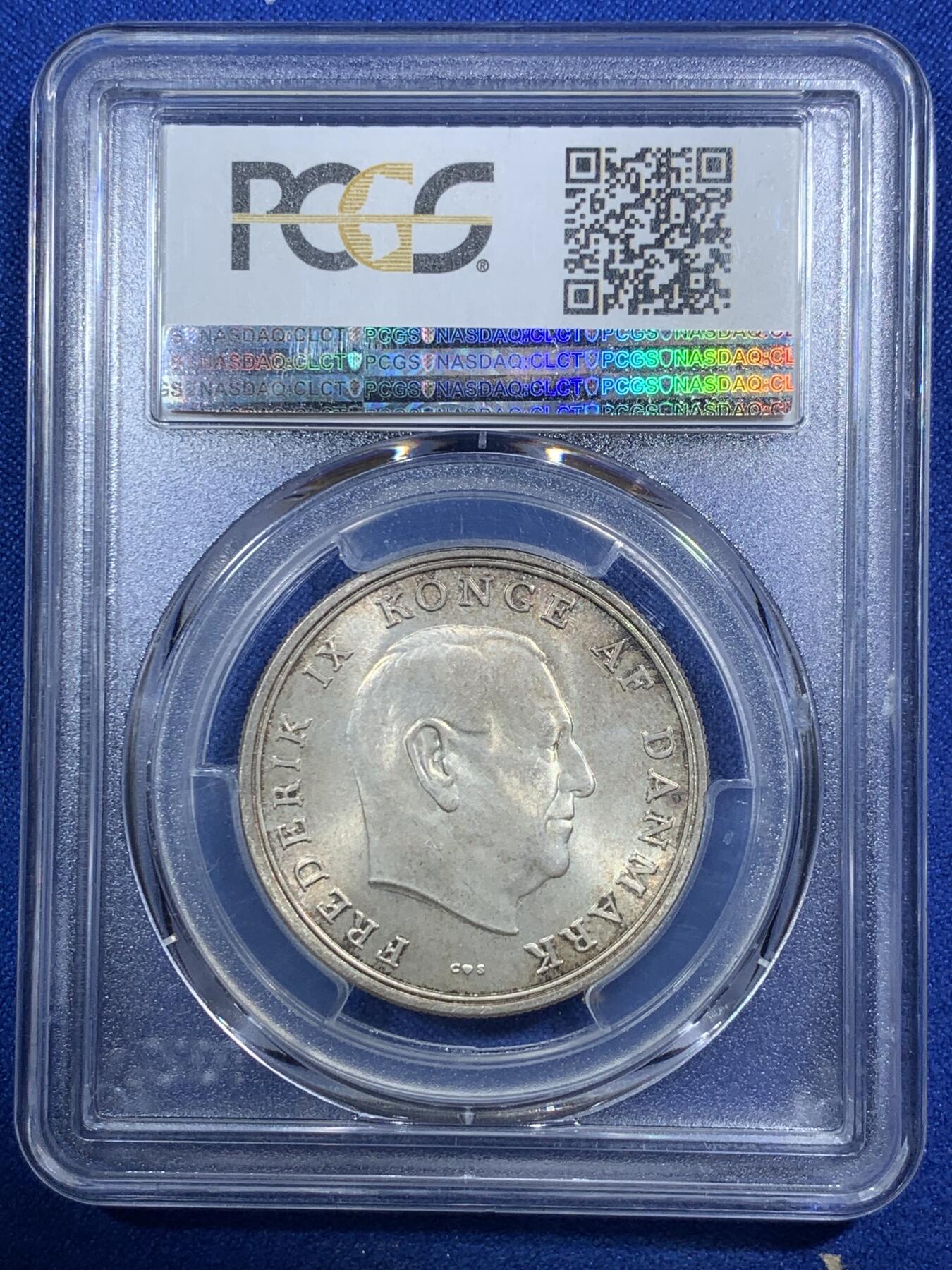 《竞宝斋》第289场- 周日，周一，周二 3场连拍 （全场包邮） PCGS MS67 丹麦 1964年 5克朗 纪念银币 高分稀少 淡黄油彩 底板细腻