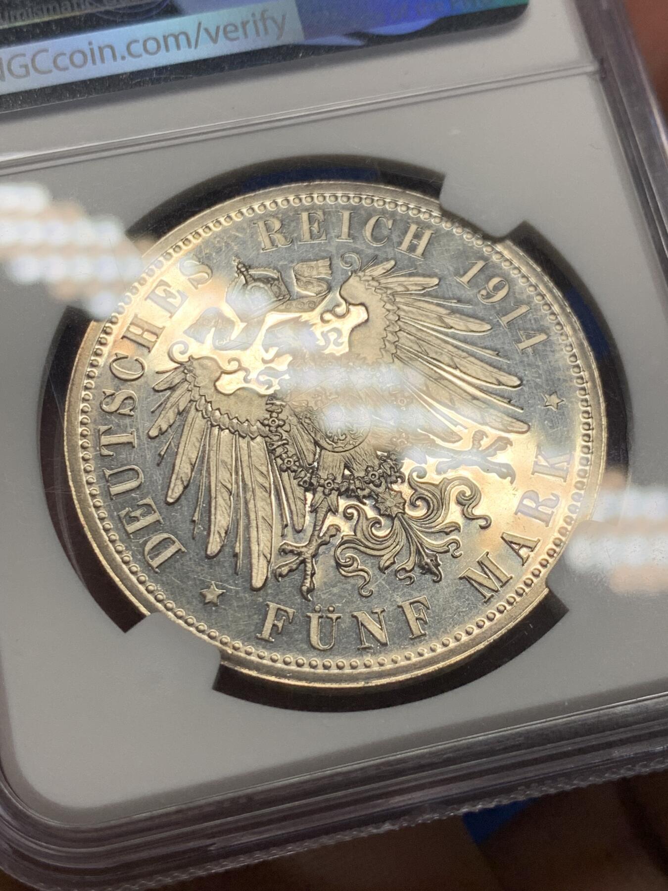 《竞宝斋》第289场- 周日，周一，周二 3场连拍 （全场包邮） PCGS PF61 CAMEO 德国1914年 安哈特德绍，结婚纪念5马克精制大银币 好状态 感觉低评了