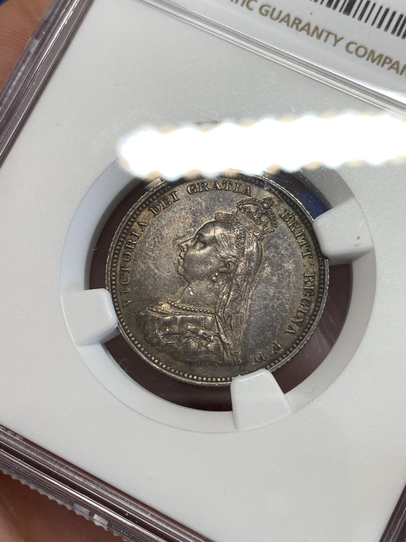 《竞宝斋》第289场- 周日，周一，周二 3场连拍 （全场包邮） NGC AU58 英国1887年维多利亚1先令银币