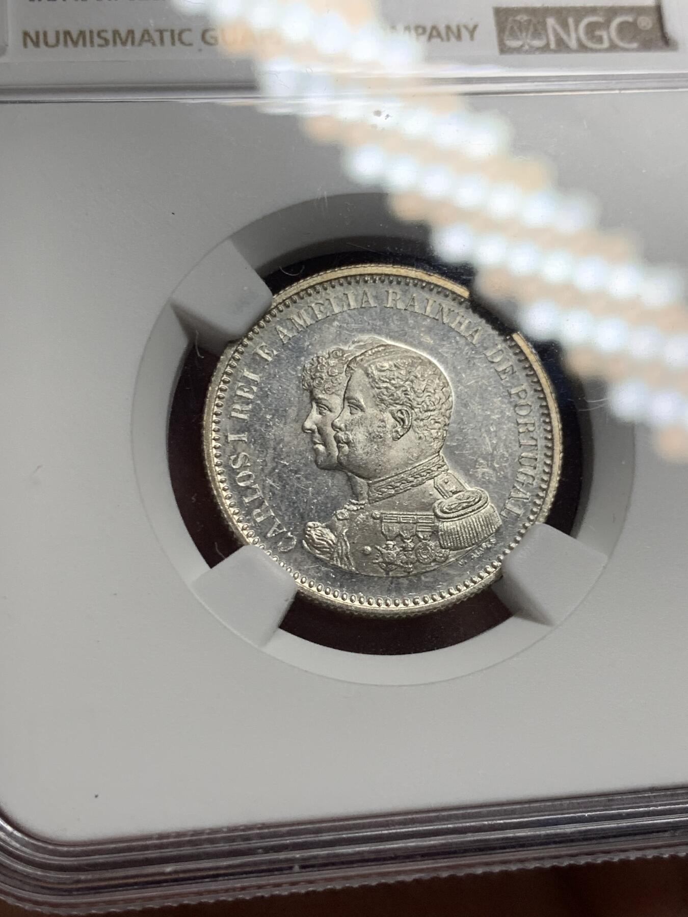 《竞宝斋》第289场- 周日，周一，周二 3场连拍 （全场包邮） NGC MS63 葡萄牙1898年发现印度200R银币