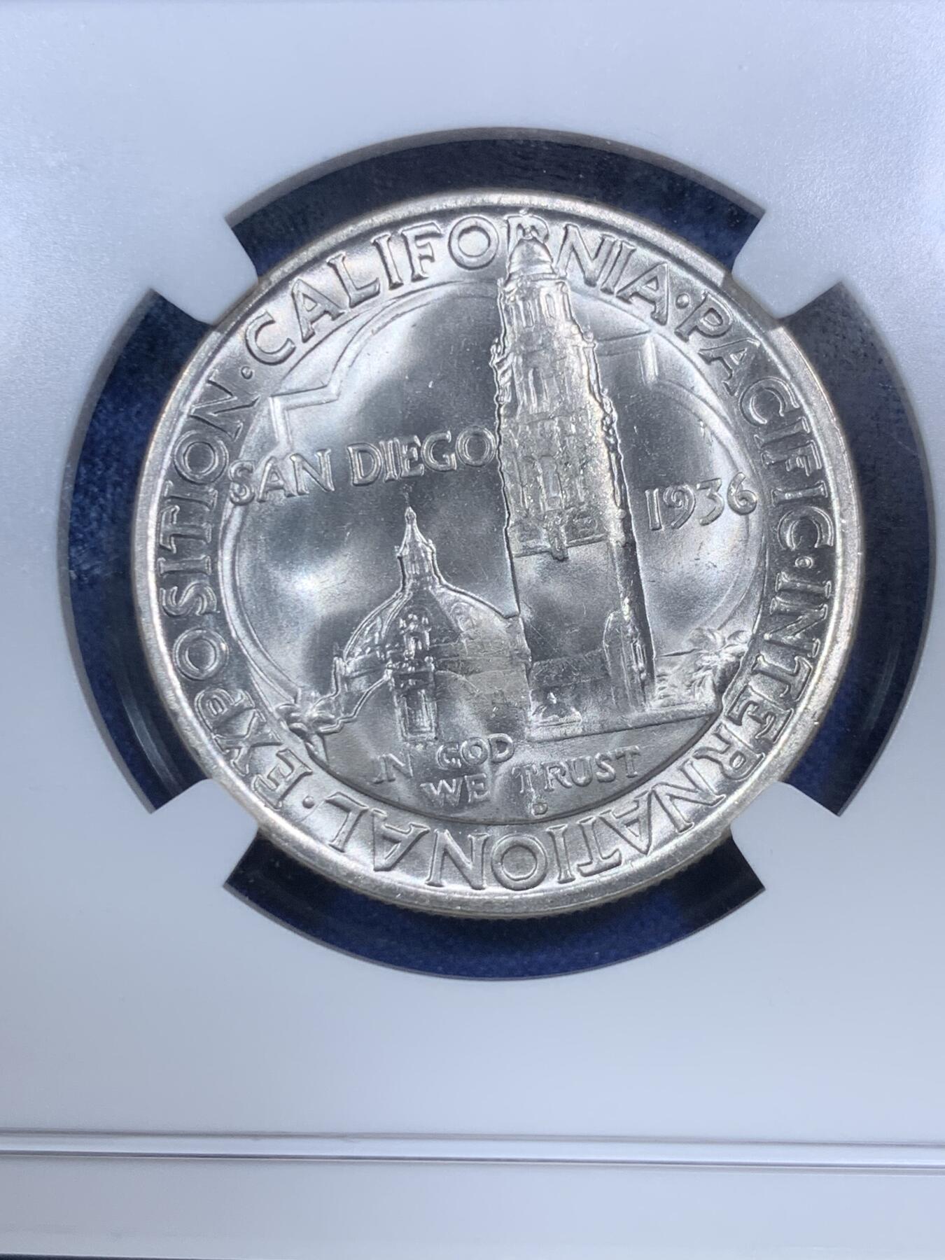 《竞宝斋》第289场- 周日，周一，周二 3场连拍 （全场包邮） NGC MS65 美国1936年圣地亚哥50c银币 少见品种