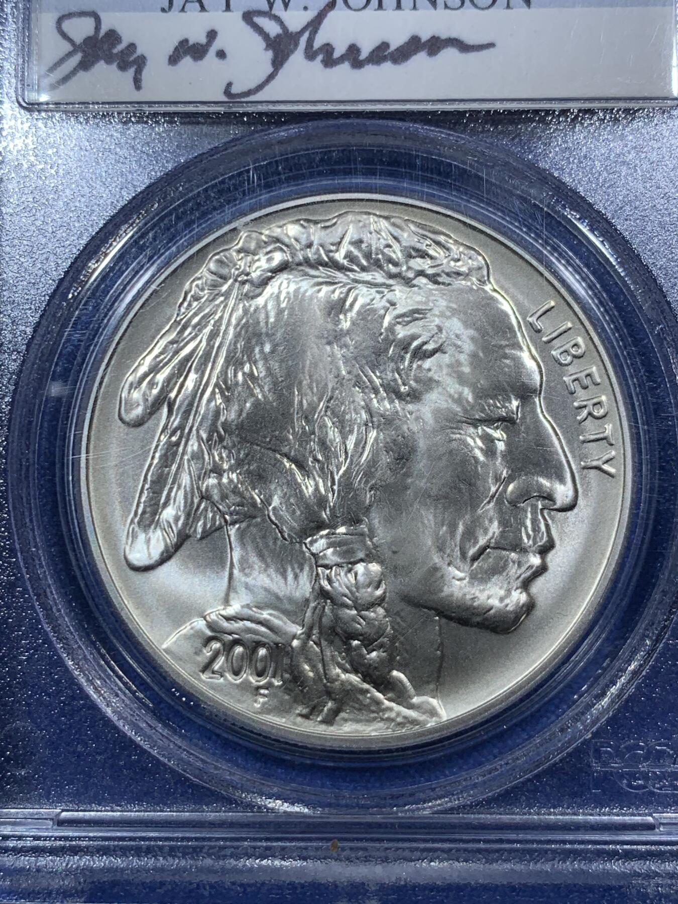 《竞宝斋》第289场- 周日，周一，周二 3场连拍 （全场包邮） PCGS MS69 美国2001D公牛普制银币 第36任铸币主管JAY W Johson签字版 1oz 纯度99.9%