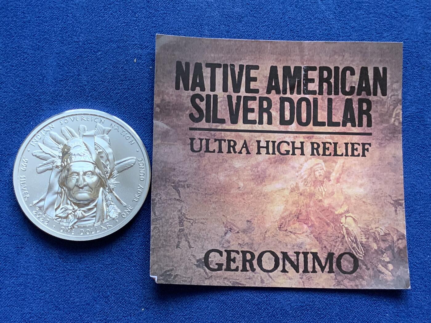 《竞宝斋》第289场- 周日，周一，周二 3场连拍 （全场包邮） 美国2022年发行的印第安酋长系列2“杰罗尼莫”1美元纪念银币 1盎司 超高浮雕工艺 限量2500枚 无塑料盒