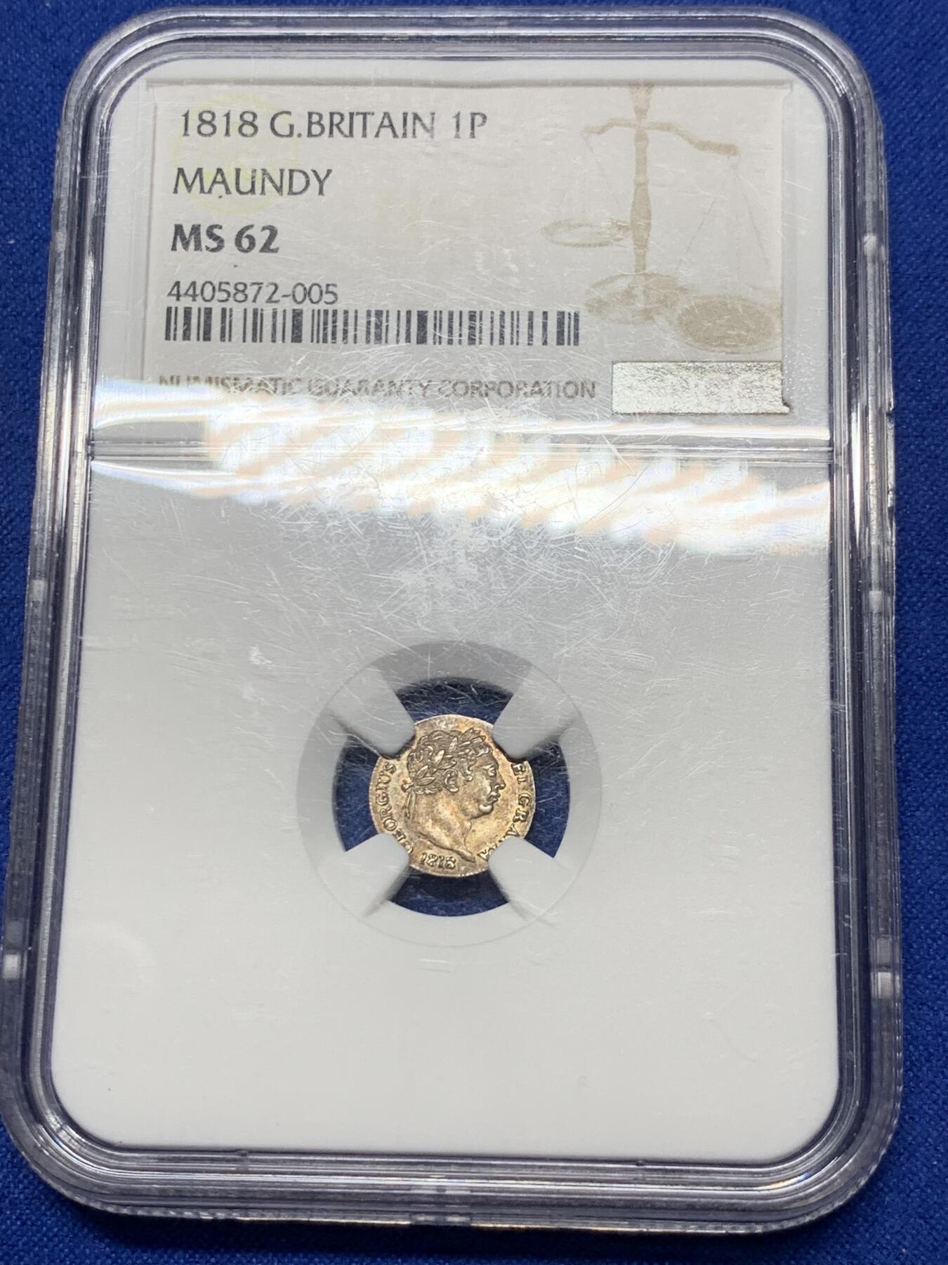 《竞宝斋》第289场- 周日，周一，周二 3场连拍 （全场包邮） NGC MS62 英国1818年一便士乔治三世灌足银币 少见品种 包浆很漂亮