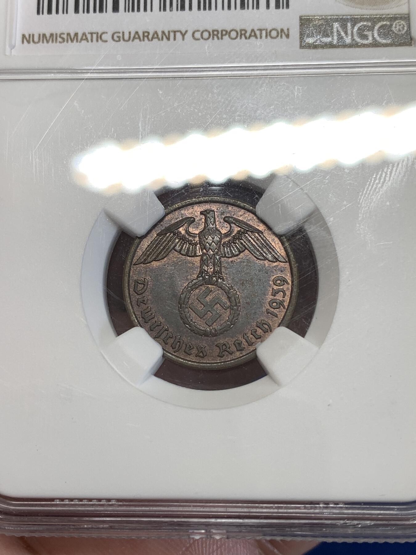 《竞宝斋》第289场- 周日，周一，周二 3场连拍 （全场包邮） NGC MS62BN 德国1939年A厂2芬尼