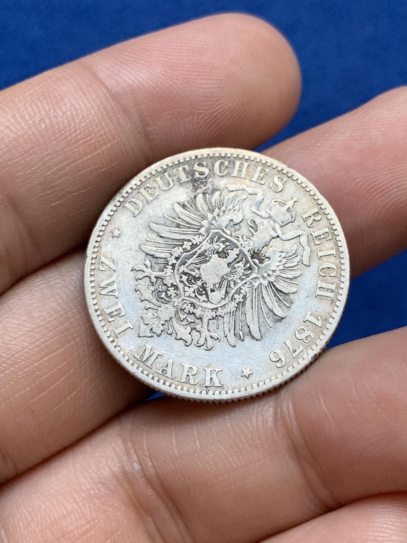 《竞宝斋》第289场- 周日，周一，周二 3场连拍 （全场包邮） 德国 1876年 普鲁士 威廉一世 短翅 2马克 银币 XF-VF品相