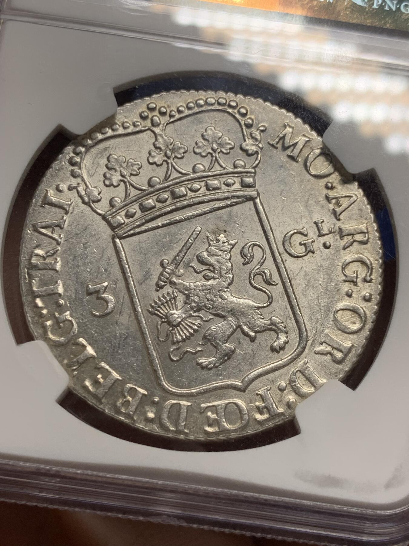 《竞宝斋》第289场- 周日，周一，周二 3场连拍 （全场包邮） NGC UNCD 荷兰1793年乌得勒支站人三盾大银 人像打制精良 开脸清晰甜美  转光犀利 银光闪闪 少量摩擦痕迹 应属MS品级