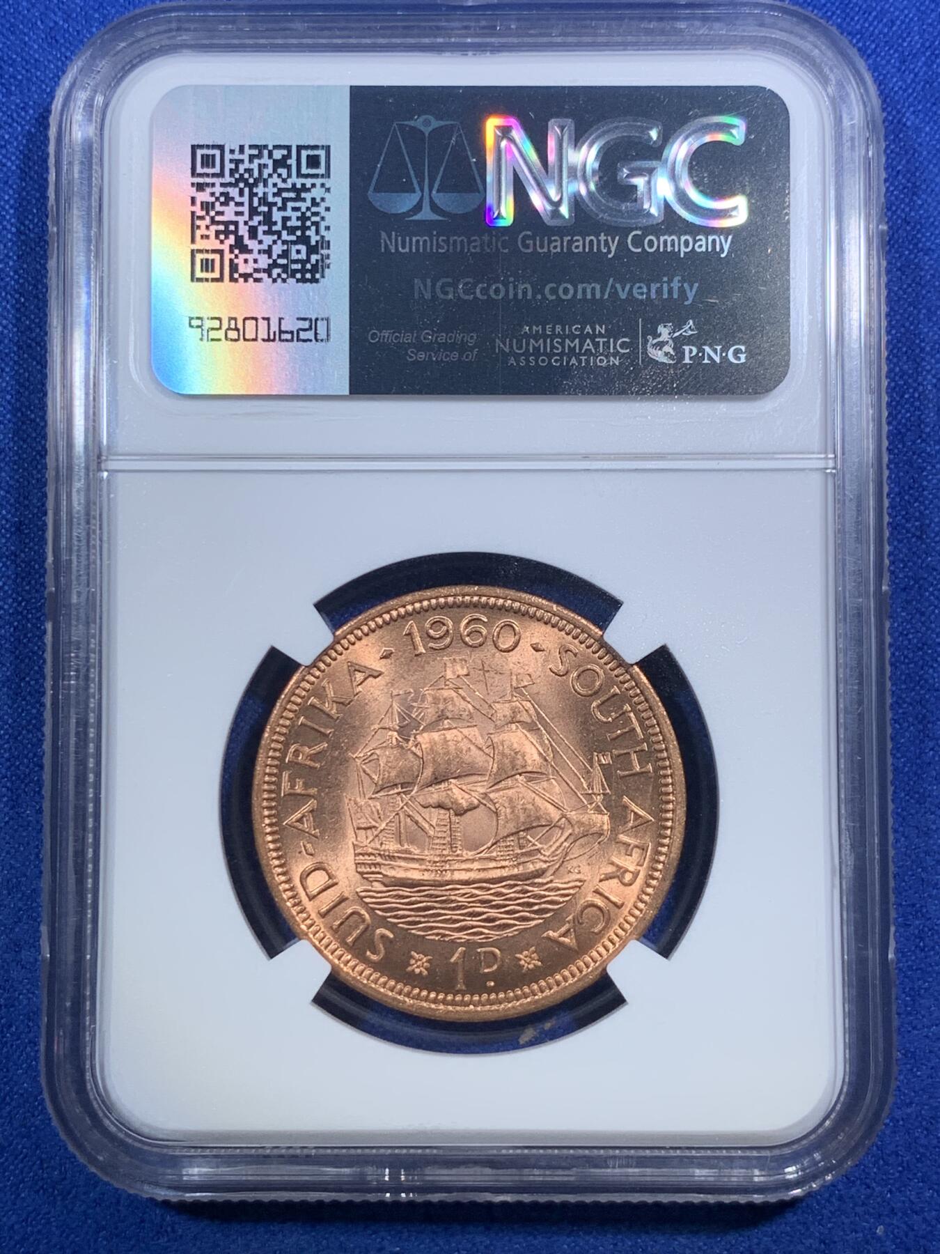 《竞宝斋》第289场- 周日，周一，周二 3场连拍 （全场包邮） NGC MS65RB 英属南非1960年女王1便士 高分车轮光状态 状态难得 喜欢的不要错过了