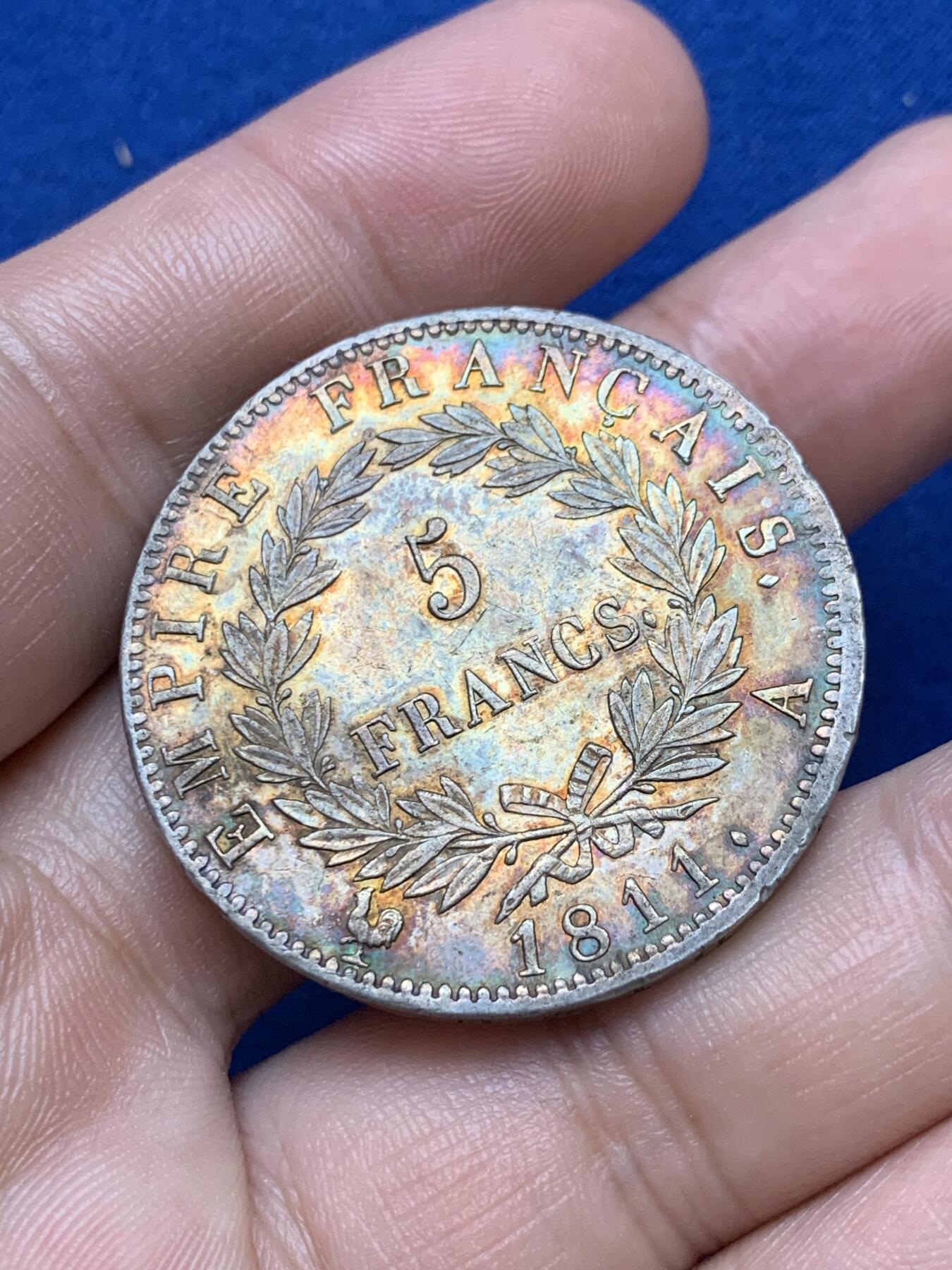 《竞宝斋》第289场- 周日，周一，周二 3场连拍 （全场包邮） 法国1811年拿破仑5法郎银币 五彩好品