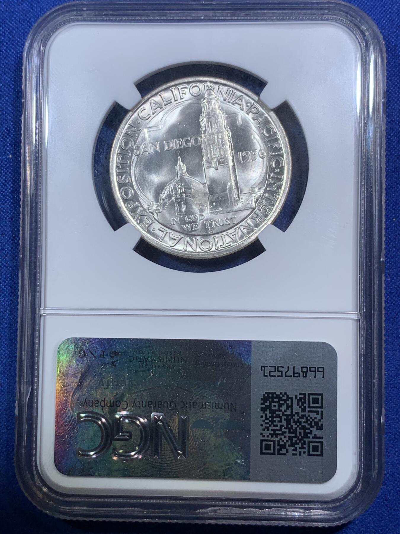 《竞宝斋》第289场- 周日，周一，周二 3场连拍 （全场包邮） NGC MS65 美国1936年圣地亚哥50c银币 少见品种